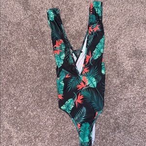 Tropical one piece bathing suit with cover up